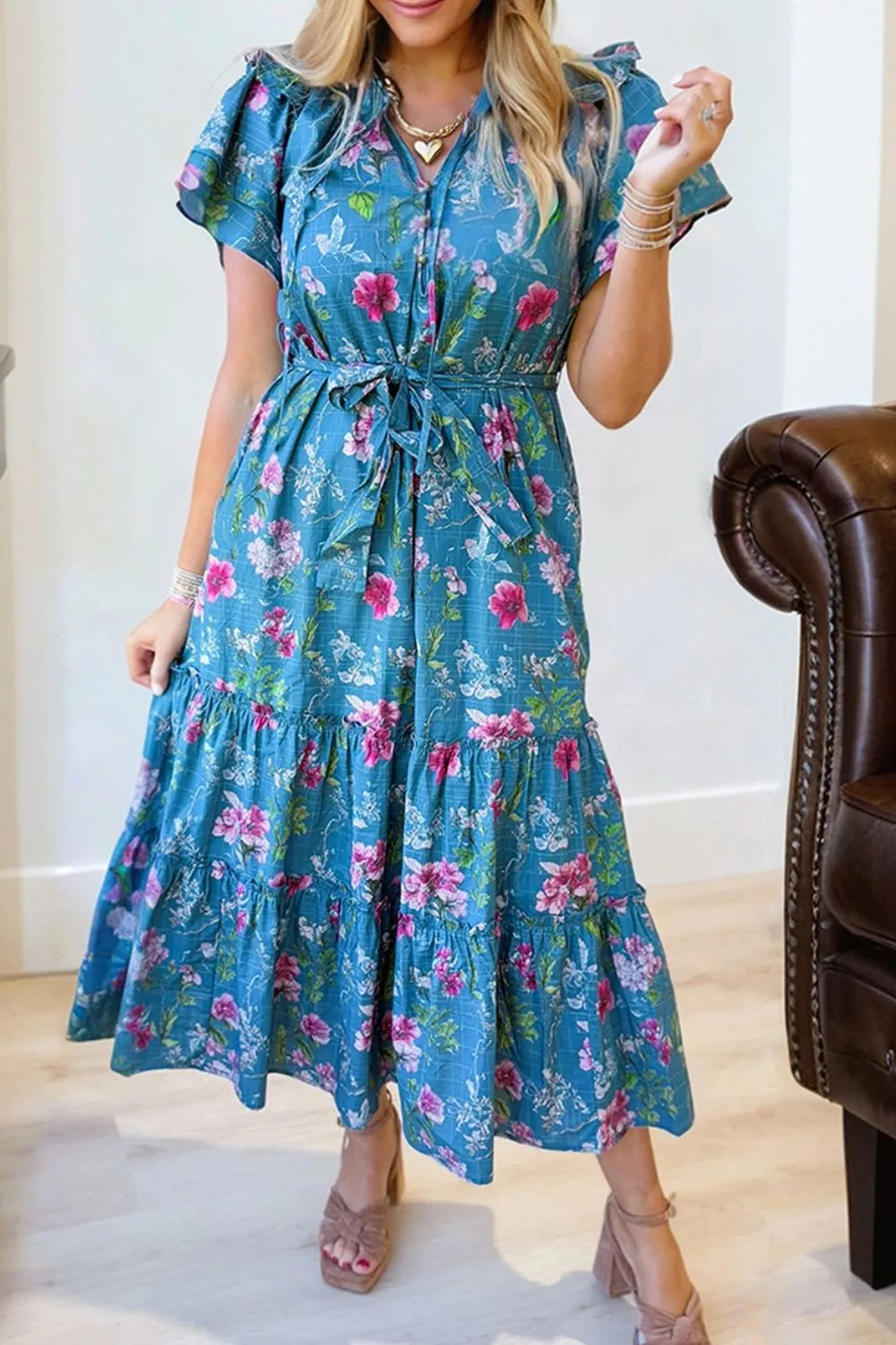 Floral Flutter Sleeve Button Tie Split Neck Belted Dress