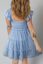 Floral Print Square Neck Flutter Sleeve Smocked Tiered Mini Dress