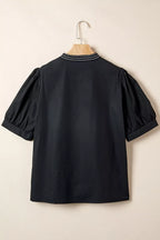 Short Puff Sleeve Contrast Embroidered Detail V Neck Blouse