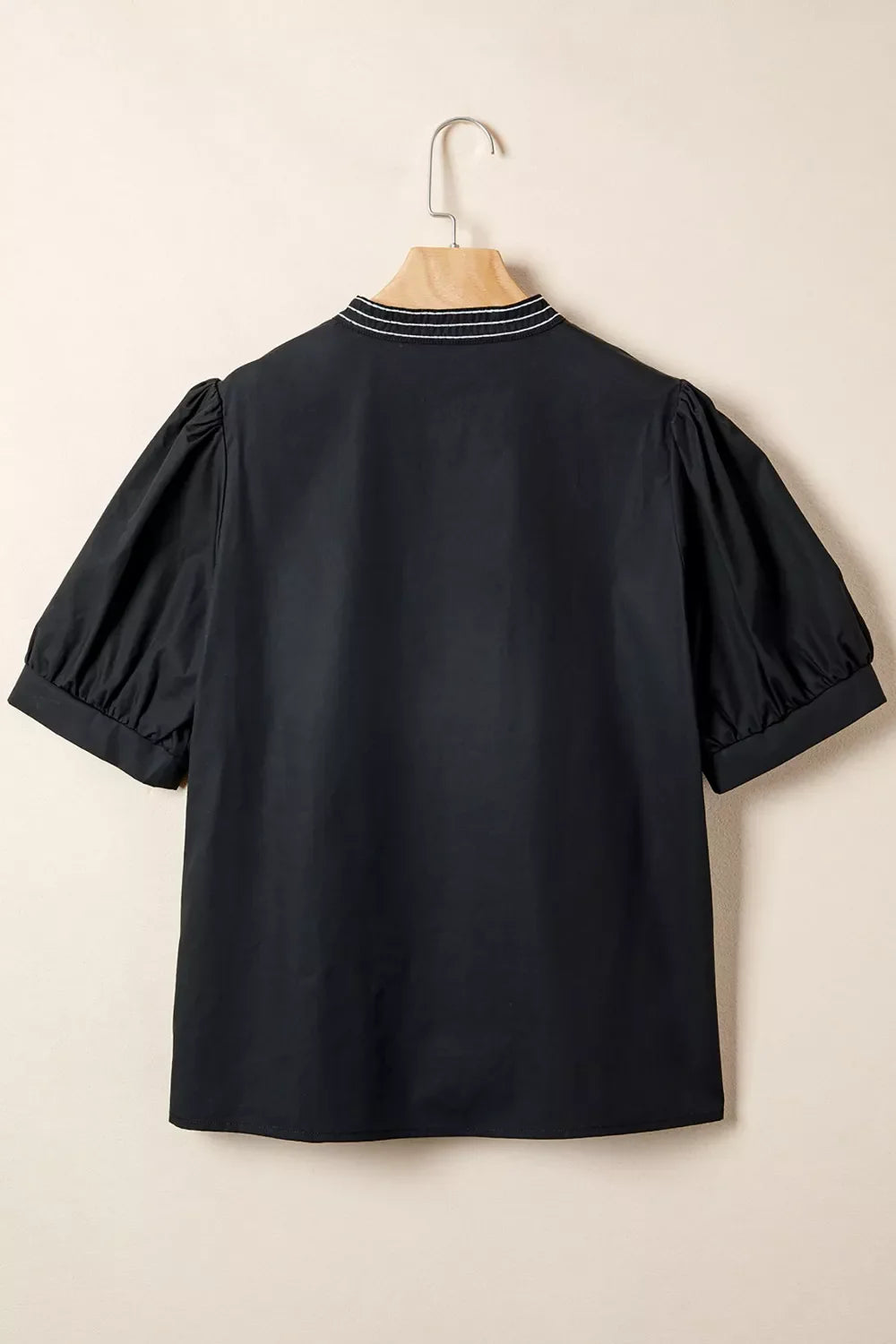 Short Puff Sleeve Contrast Embroidered Detail V Neck Blouse