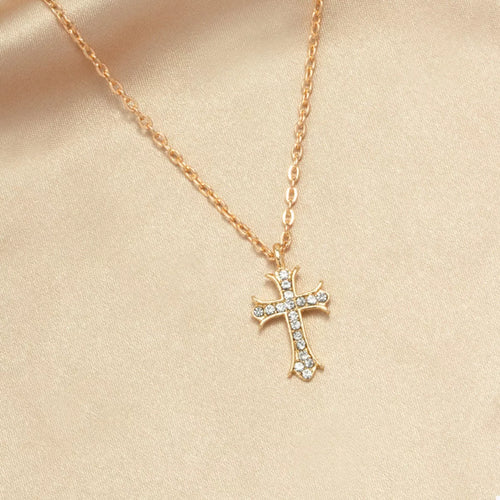 18K Gold-Plated Rhinestone Cross Necklace