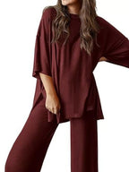 Relaxed Fit Round Neck Top and Pants Two-Piece Set