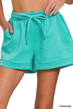 Zenana Textured Knit Jacquard Drawstring Shorts
