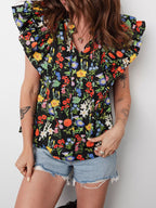 Tiered Flutter Sleeve V Neck Flower Blouse