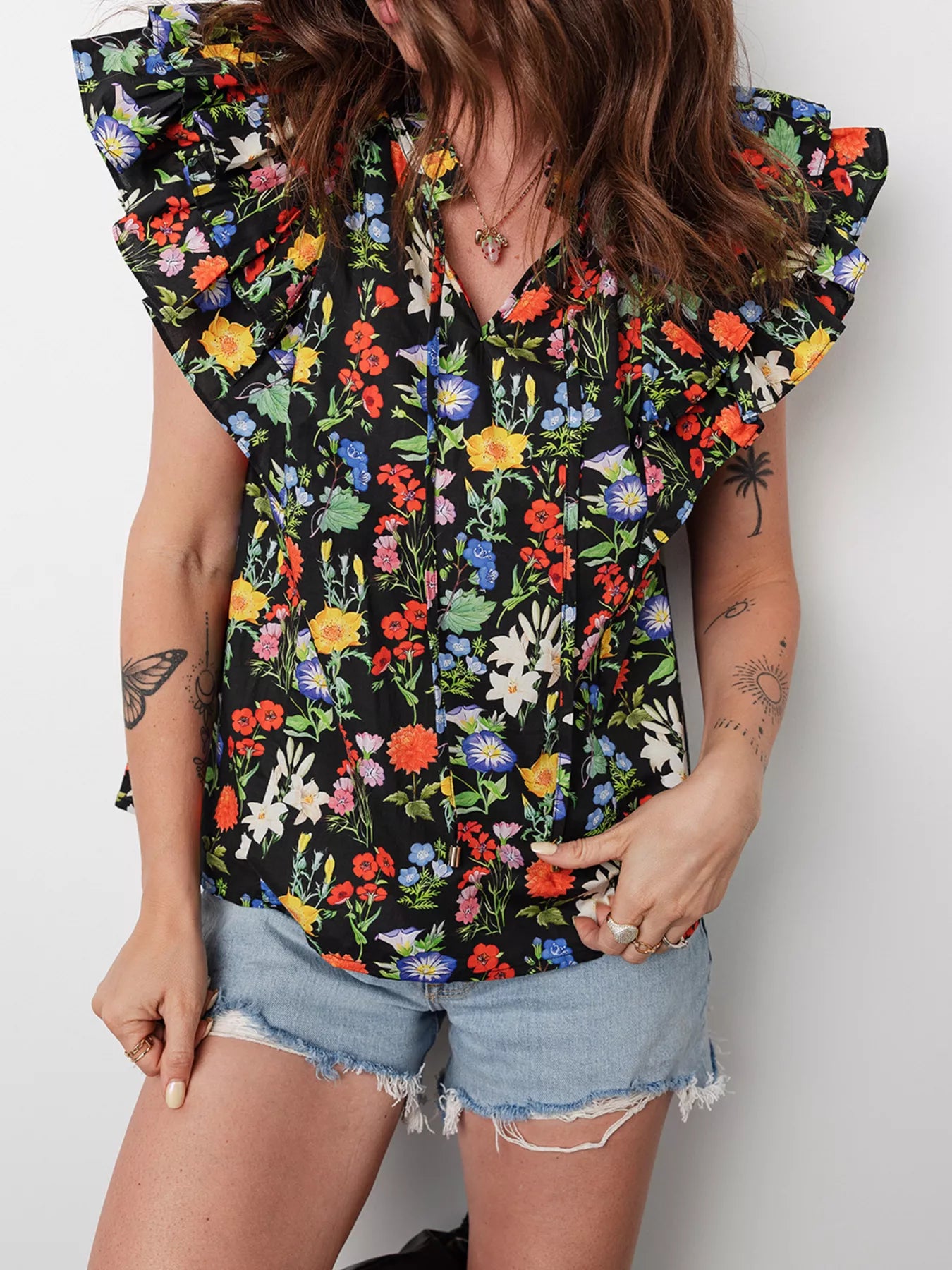 Tiered Flutter Sleeve V Neck Flower Blouse