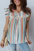 Lace Hollow-out Insert Flutter Sleeve Striped Blouse
