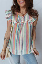 Lace Hollow-out Insert Flutter Sleeve Striped Blouse