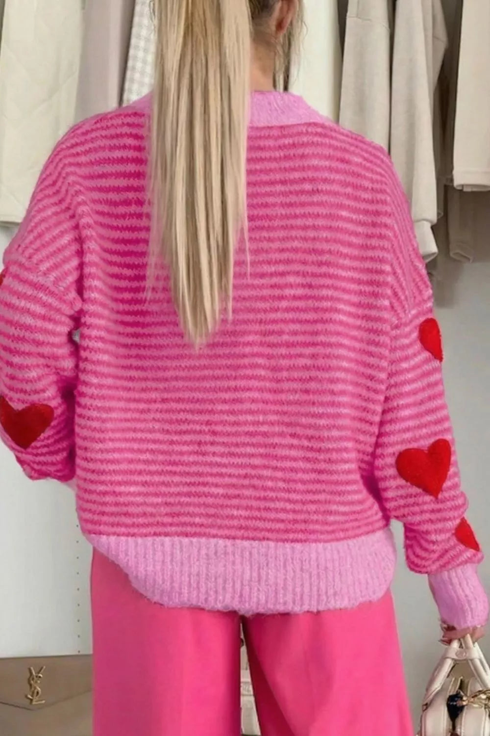Stripe Contrast Heart Pattern Valentine Knit Sweater
