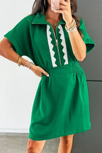 Contrast Patchwork Half Zip Elastic Waist Short Sleeve Mini Dress