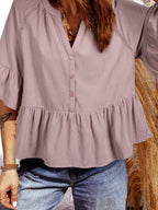 Notched Ruffled Loose Blouse