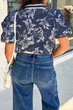 Floral Print Short Puff Sleeve Striped Trim V Neck Blouse