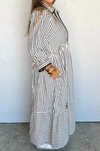 Stripe Scallop Trim Shirt Collar Half Button 3/4 Sleeve Dress