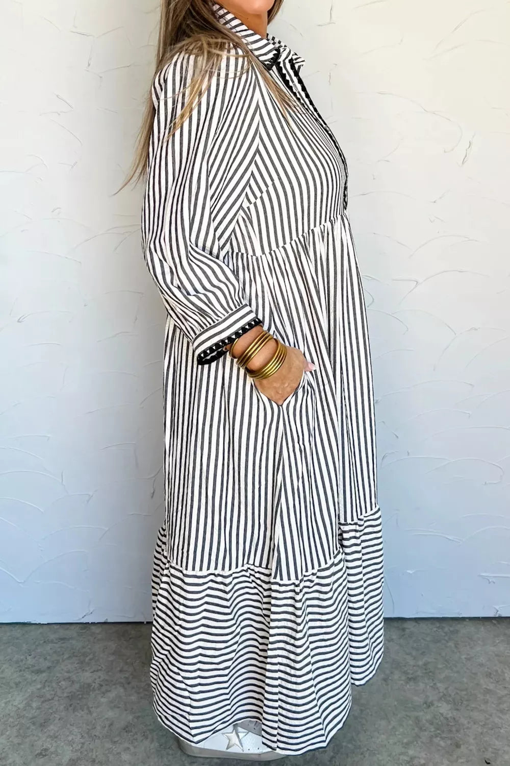 Stripe Scallop Trim Shirt Collar Half Button 3/4 Sleeve Dress