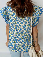 Tiered Flutter Sleeve Pleated Flower Blouse