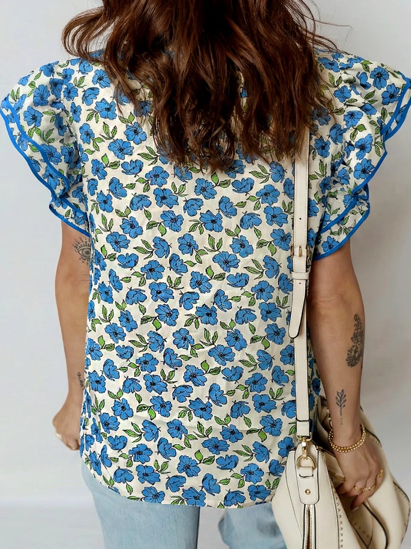 Tiered Flutter Sleeve Pleated Flower Blouse
