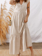 Stripe Flutter Sleeve Buttoned Front Slit Maxi Dress