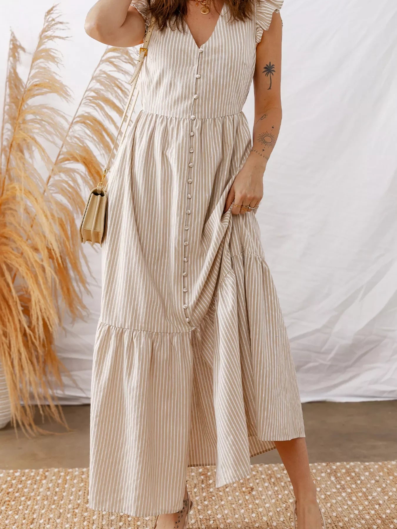 Stripe Flutter Sleeve Buttoned Front Slit Maxi Dress