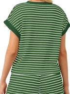 Full Size Striped Round Neck Top and Shorts Set Plus Size