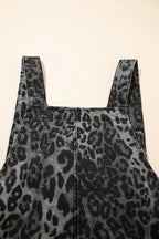 Leopard Print Button Adjustable Straps Cropped Loose Denim Overalls
