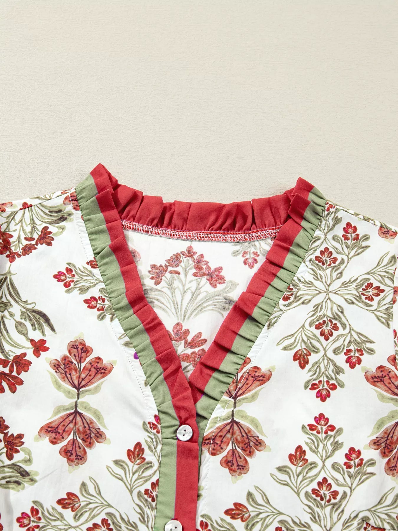 Floral Print Contrast Trim Frilled Neck Long Sleeve Flared Dress