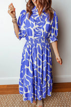 Abstract Print Smocked Waist Puff Half Sleeve Dress