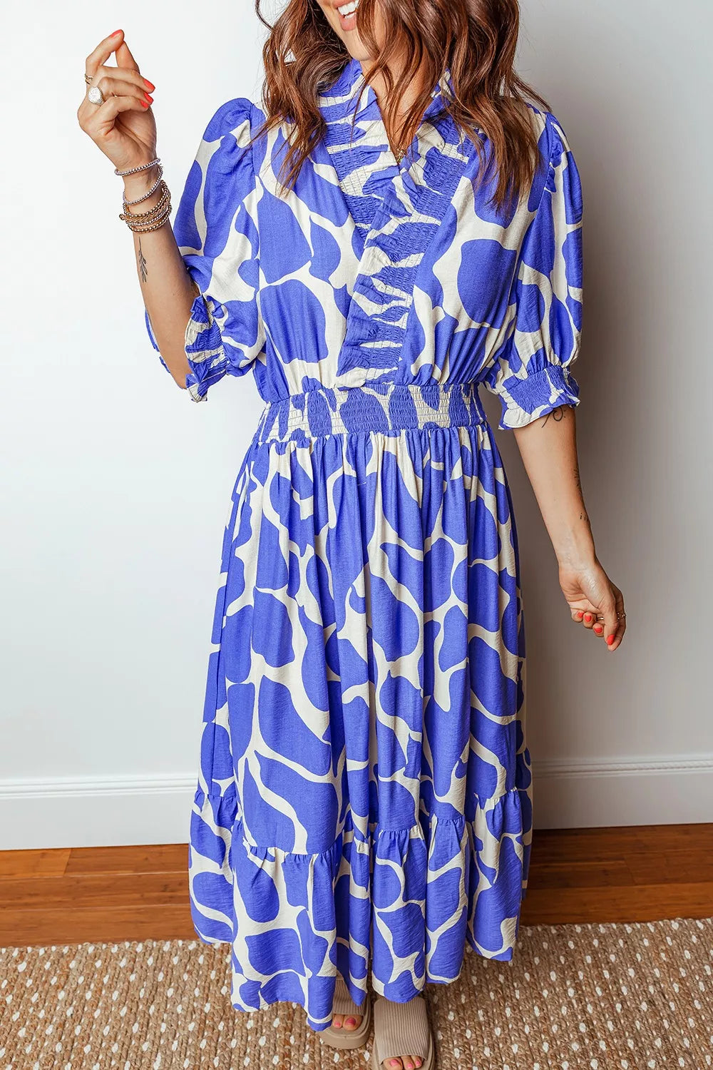 Abstract Print Smocked Waist Puff Half Sleeve Dress