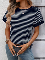 Striped Ribbed Knit Short Sleeve T-Shirt