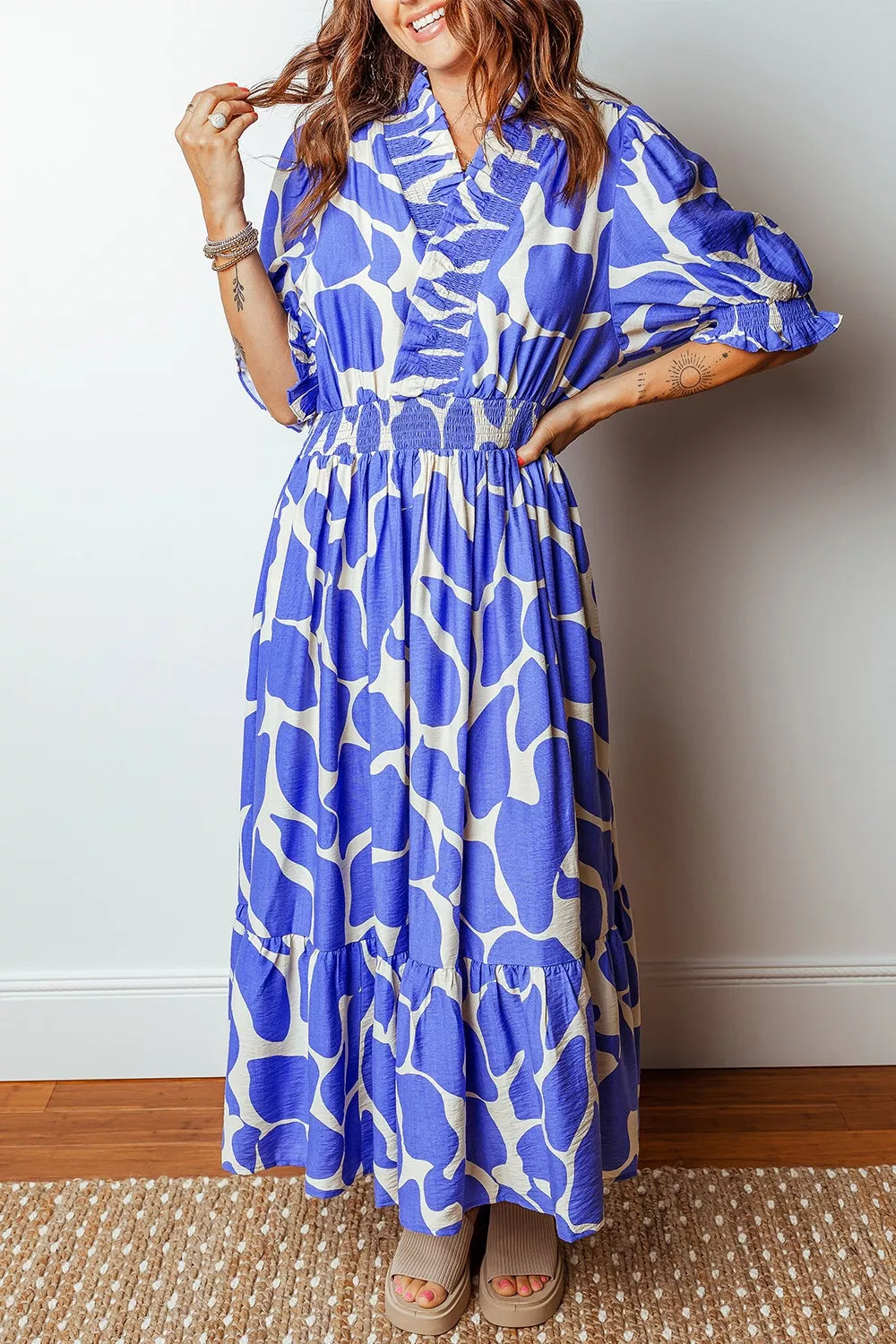 Abstract Print Smocked Waist Puff Half Sleeve Dress