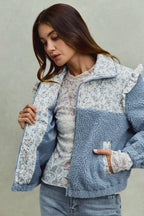 SO ME Faux Fur Sherpa Pull Jacket with Floral Contrast