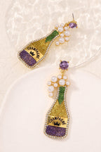 Gold Mardi Gras Shimmery CHAMPAGNE Pearl Rhinestone Studded Earrings