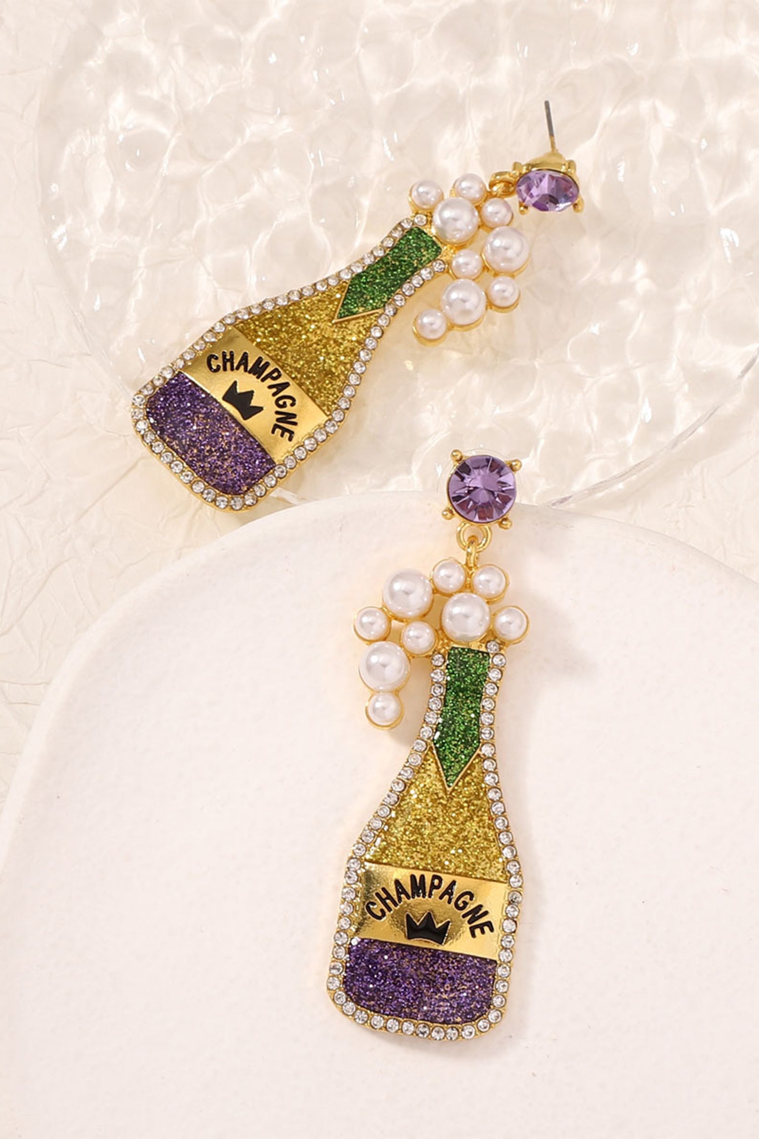 Gold Mardi Gras Shimmery CHAMPAGNE Pearl Rhinestone Studded Earrings