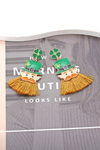 Green St Patricks Day Clover Leprechaun Tassel Drop Earrings