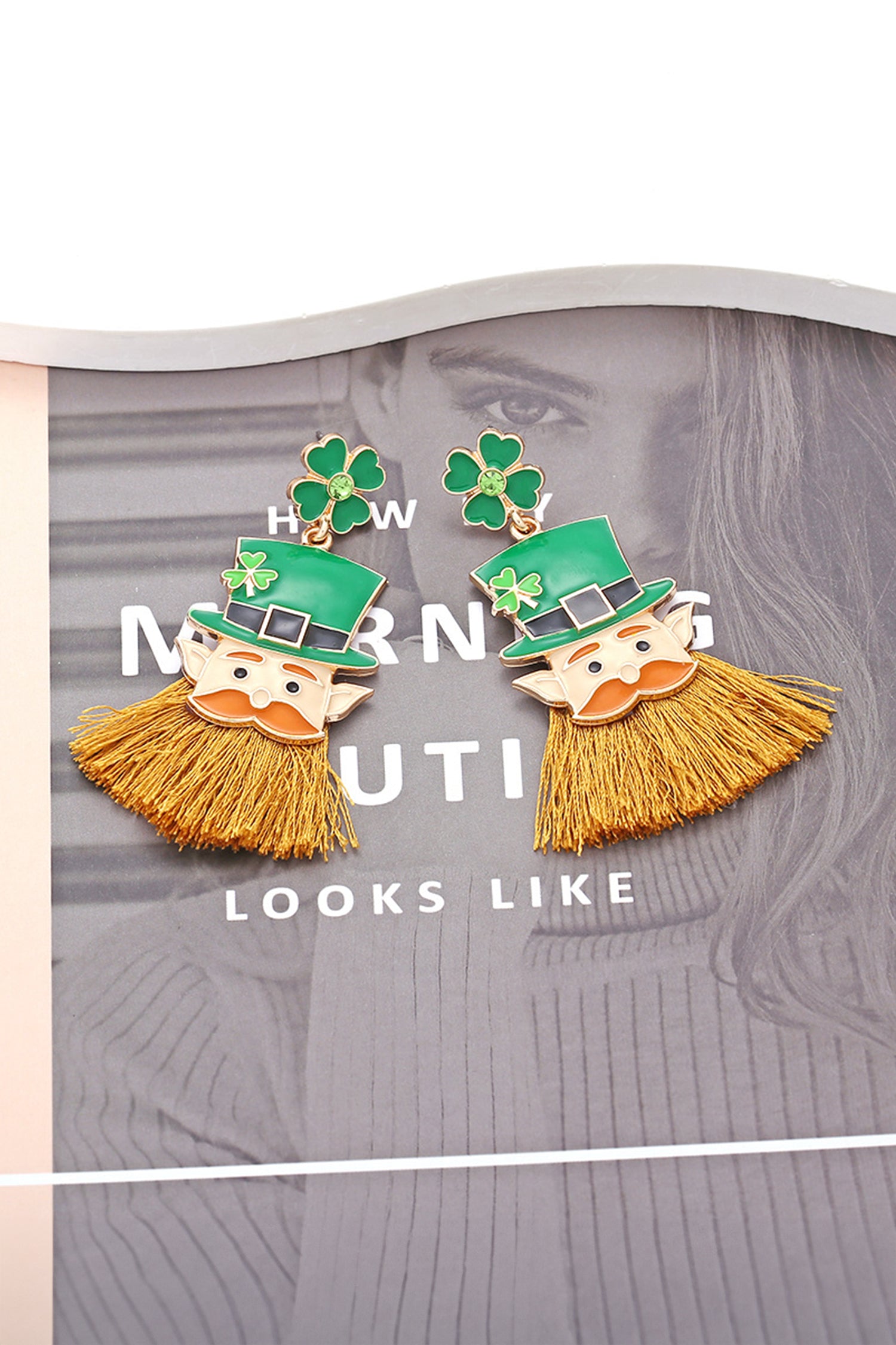 Green St Patricks Day Clover Leprechaun Tassel Drop Earrings