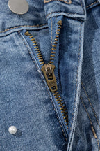 Pearl Beaded Raw Hem Wash Denim Shorts