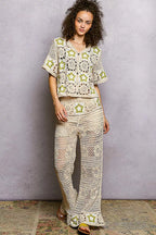 POL Button Front V-Neck Crochet Cardigan with Contast Star