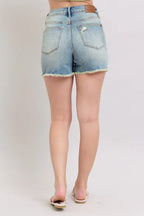 Judy Blue High Rise Washed Fly Stitch Detail and Destroy Denim Shorts