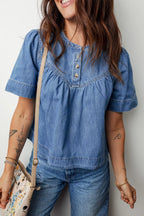 Pleated Detail Half Button Short Sleeve Denim Top