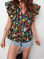 Tiered Flutter Sleeve V Neck Flower Blouse