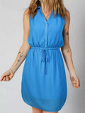 Half Buttons Collared Elastic Waist Sleeveless Shirt Dress