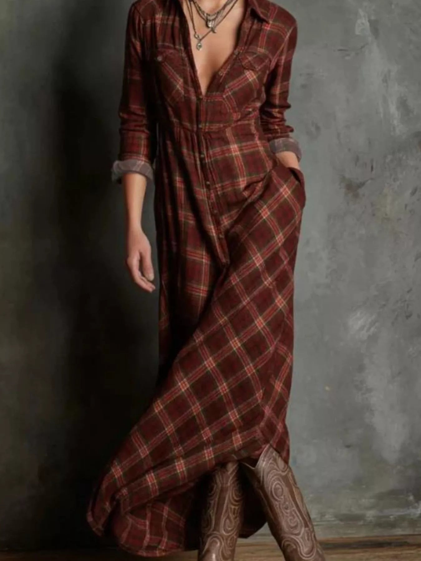 Plaid Long Sleeve Maxi Dress