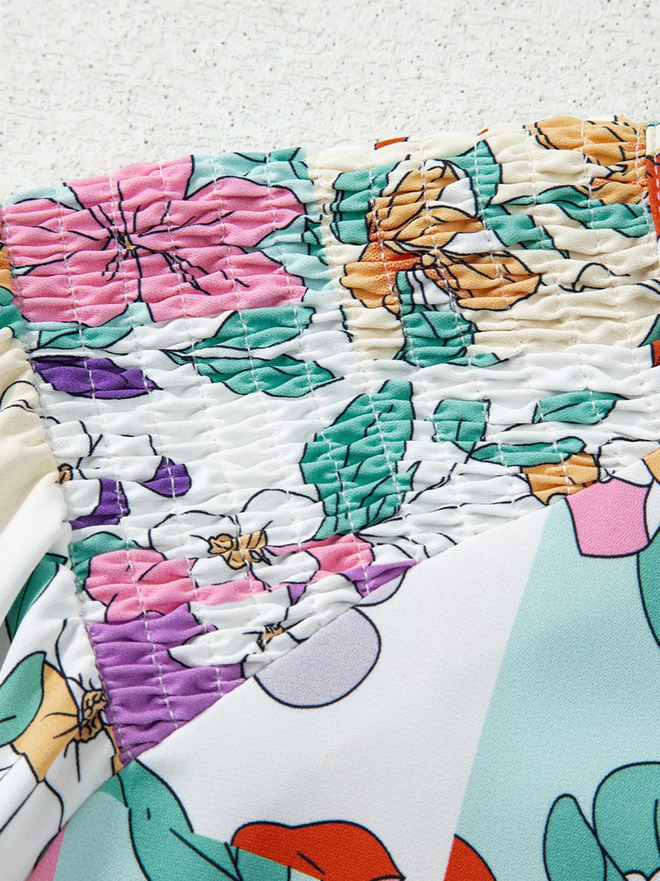 Floral Print Patchwork Frilly Neckline Long Sleeve Shirt