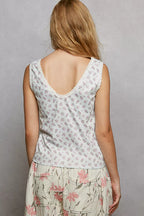 POL Ruched Floral V-Neck Tank with Lace Detail