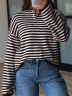 Button Detail Dropped Shoulder Striped Sweater