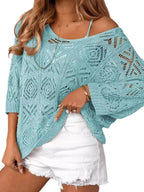 Openwork 3/4 Sleeve Knit Cover Up