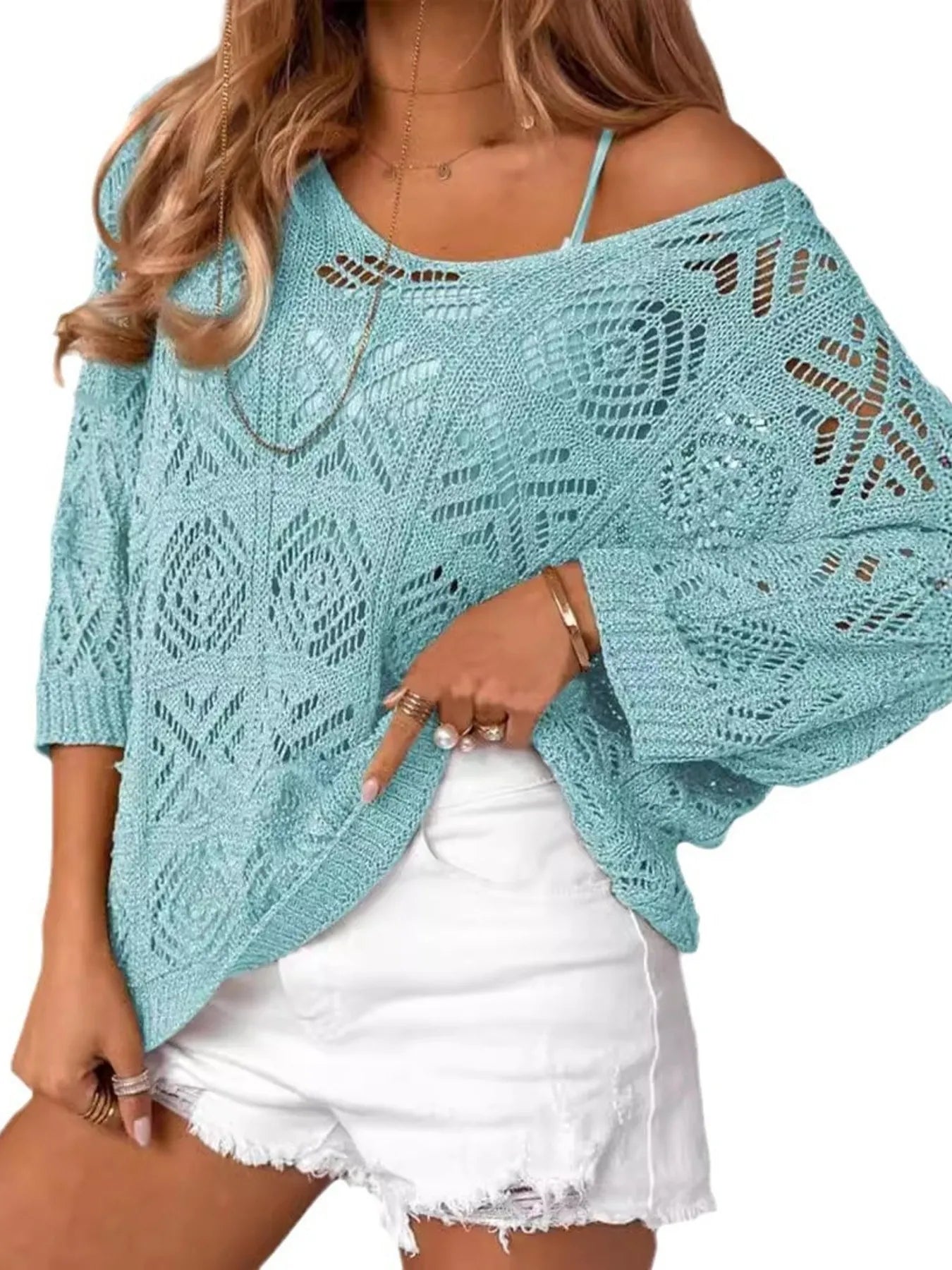 Openwork 3/4 Sleeve Knit Cover Up