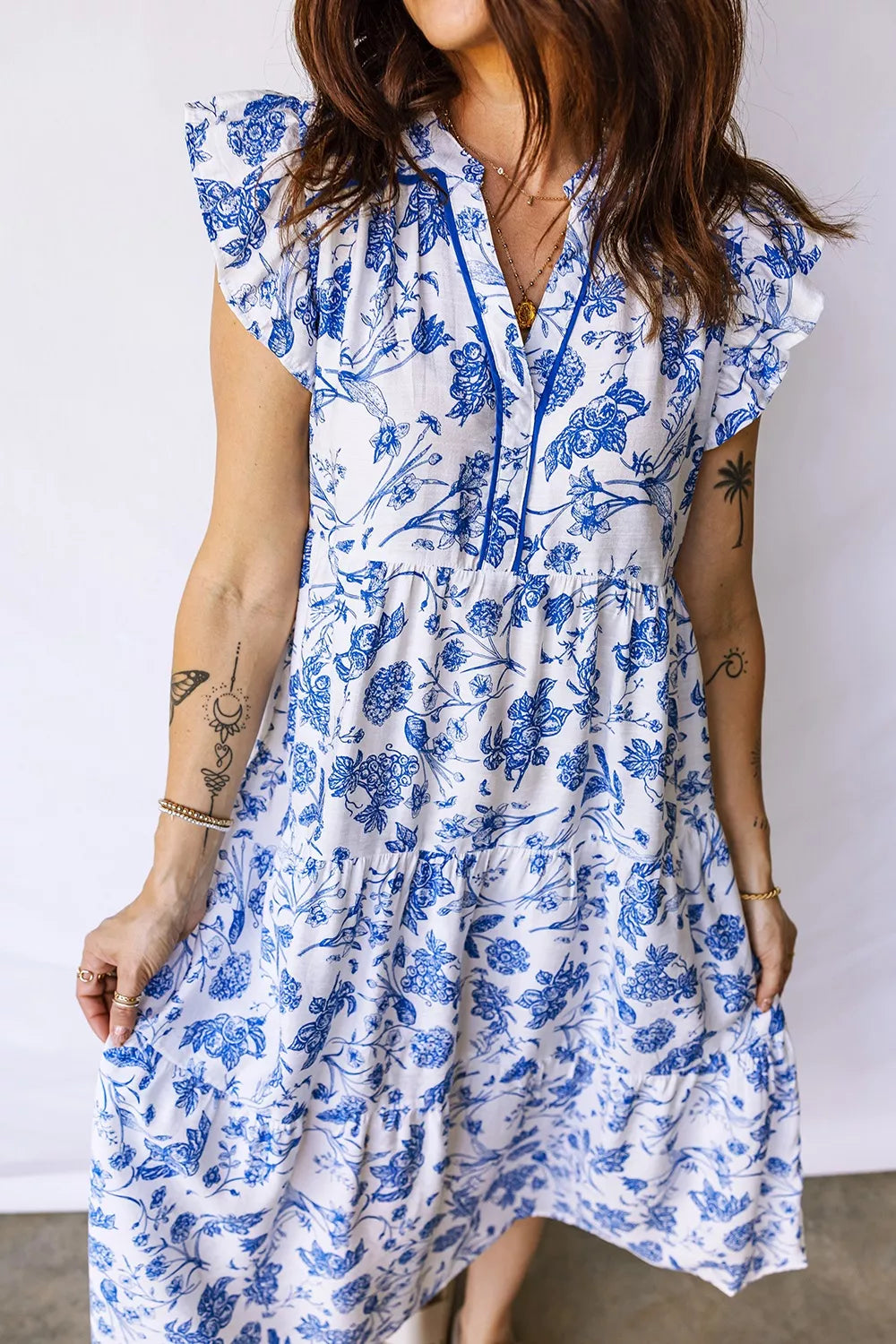 Ruffled Short Sleeve Tiered Floral Midi Dress