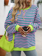 Striped Round Neck Dropped Shoulder Sweatshirt