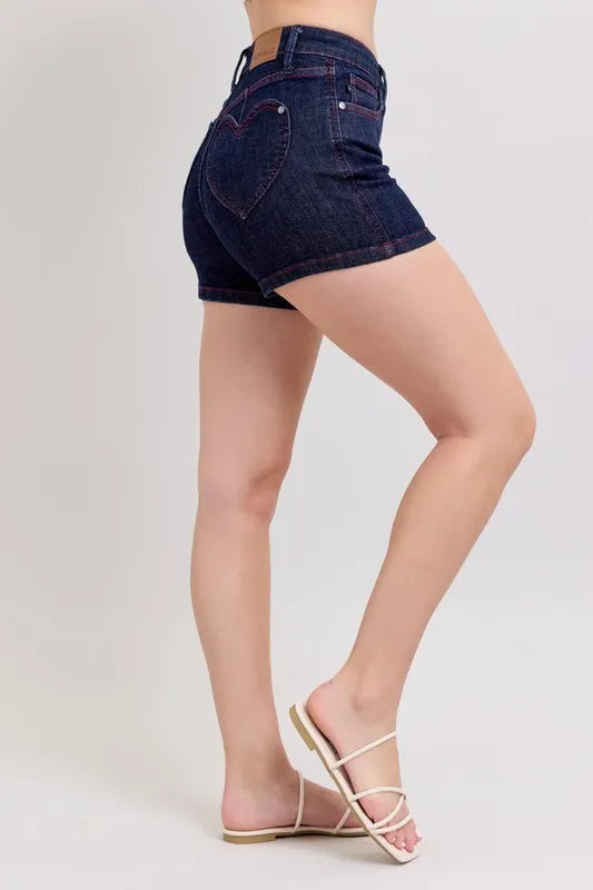 Judy Blue High Waist Heart Shaped Pkts & Red Contrast Thread Denim Shorts