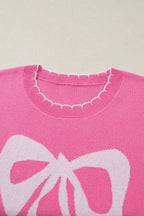 Ribbon Bow Print Contrast Stitch Trim Drop Shoulder Sweater