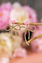 Pink Waffled Heart Stud Gold Plated Bow Dangle Earrings